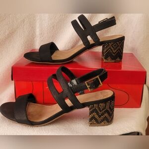 A2 By Aerosoles Black Sandals with Gold Patterned Heel